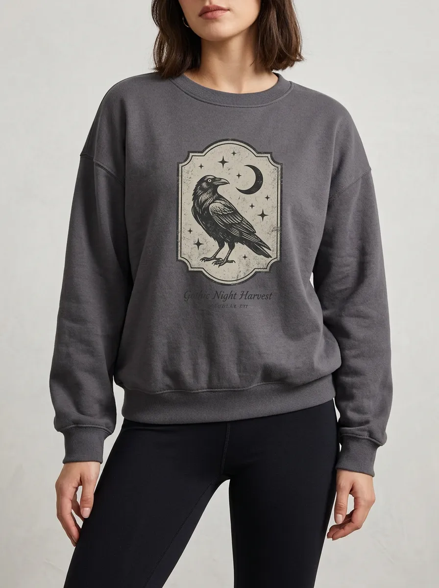 Women's Halloween Gothic Raven Moon Stars Printed Sweatshirt