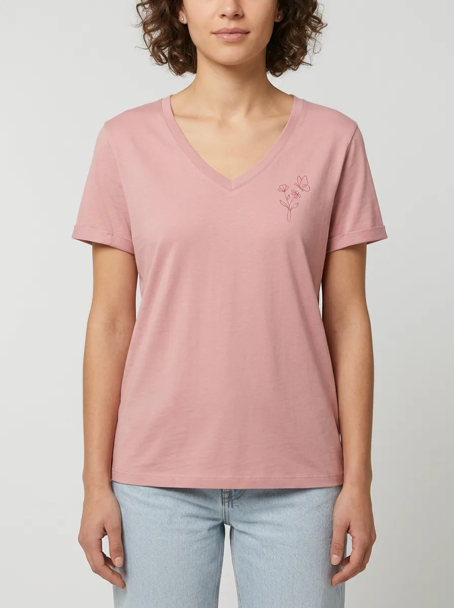 Women's Floral Butterfly Minimalist Line Art Printed V-Neck T-Shirt