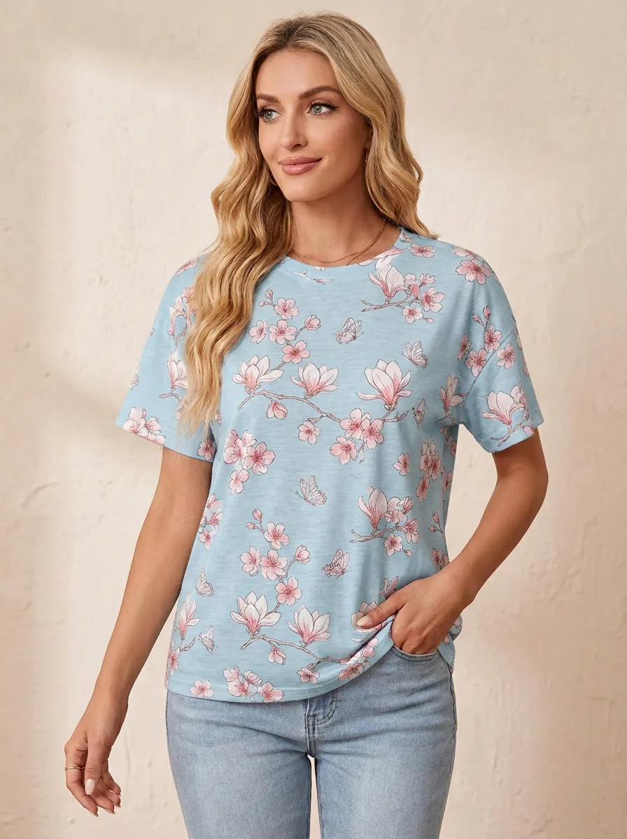 Butterfly Magnolia Floral Women's Loose Printed T-Shirt