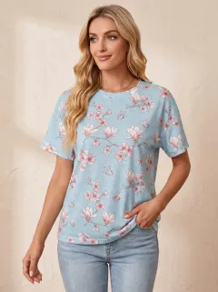 Butterfly Magnolia Floral Women's Loose Printed T-Shirt