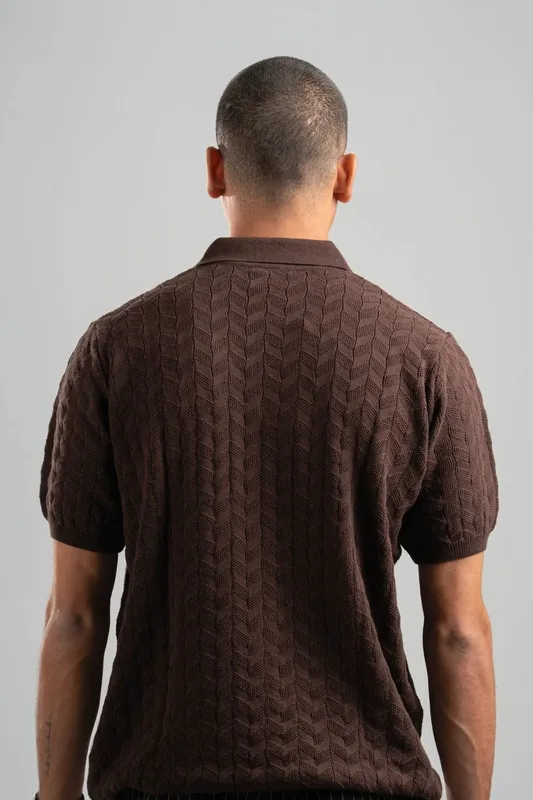 Dark Brown Textured Knit Polo Shirt