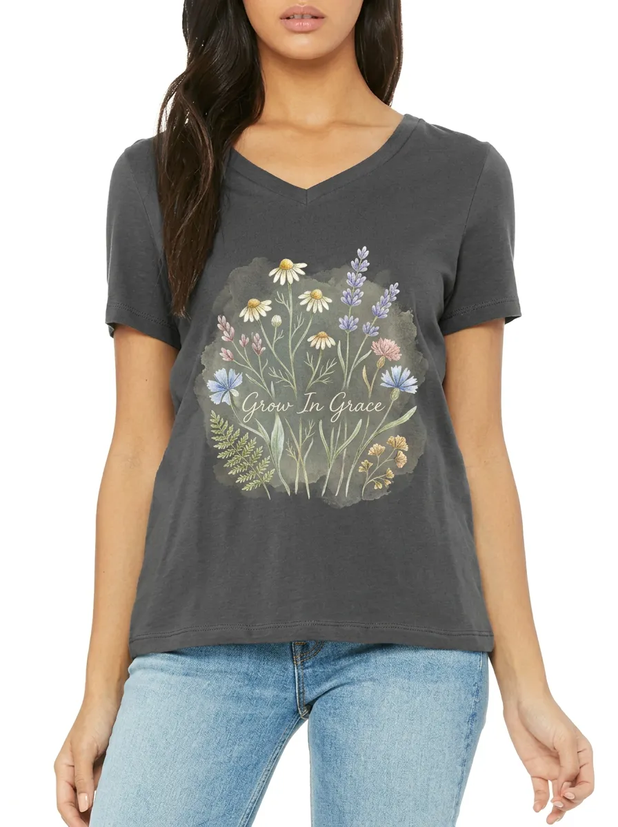 Women's Grow In Grace Wildflower Bouquet Printed V-neck T-shirt