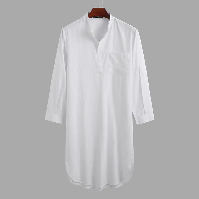 Men's Long Loose Shirt With Stand-up Collar Chest Pocket And Curved Hem