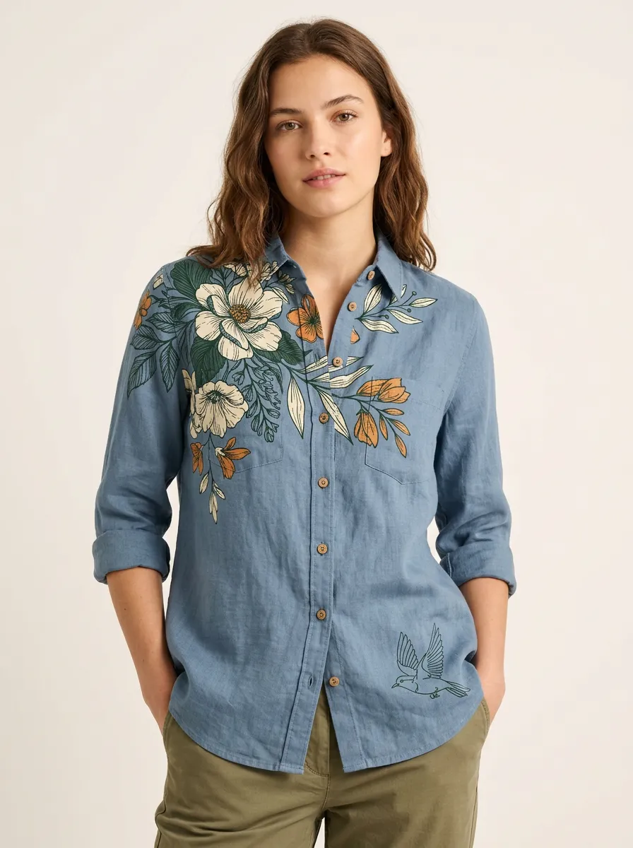 Floral Bird Nature Lover Button-Up Shirt