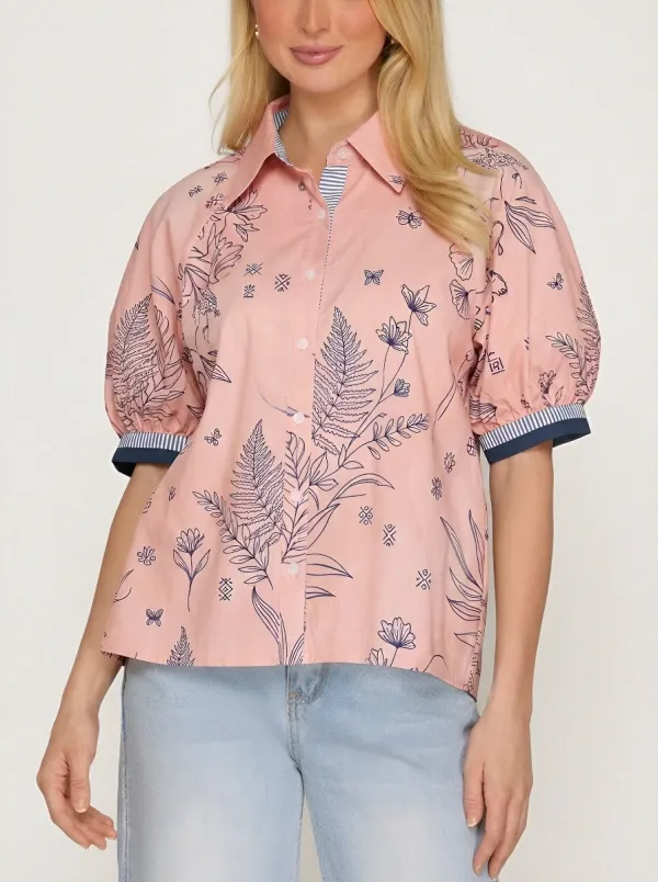 Women's Botanical Fern Floral Printed Puff Sleeve Button-up Shirt