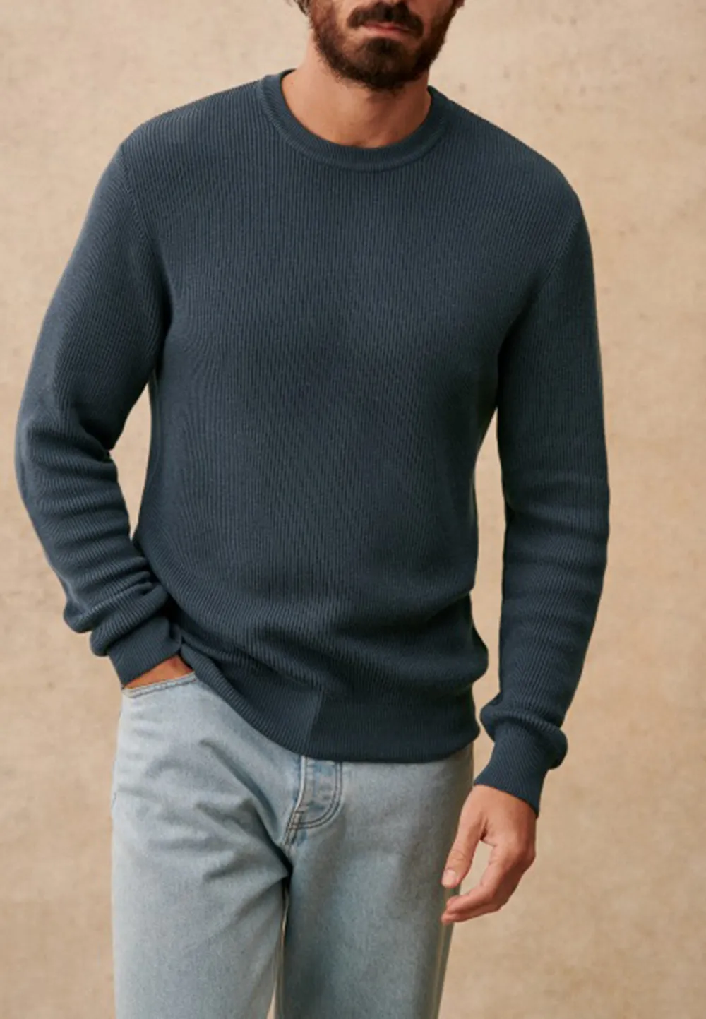 Steel Blue Ribbed Knit Crew Neck Sweater