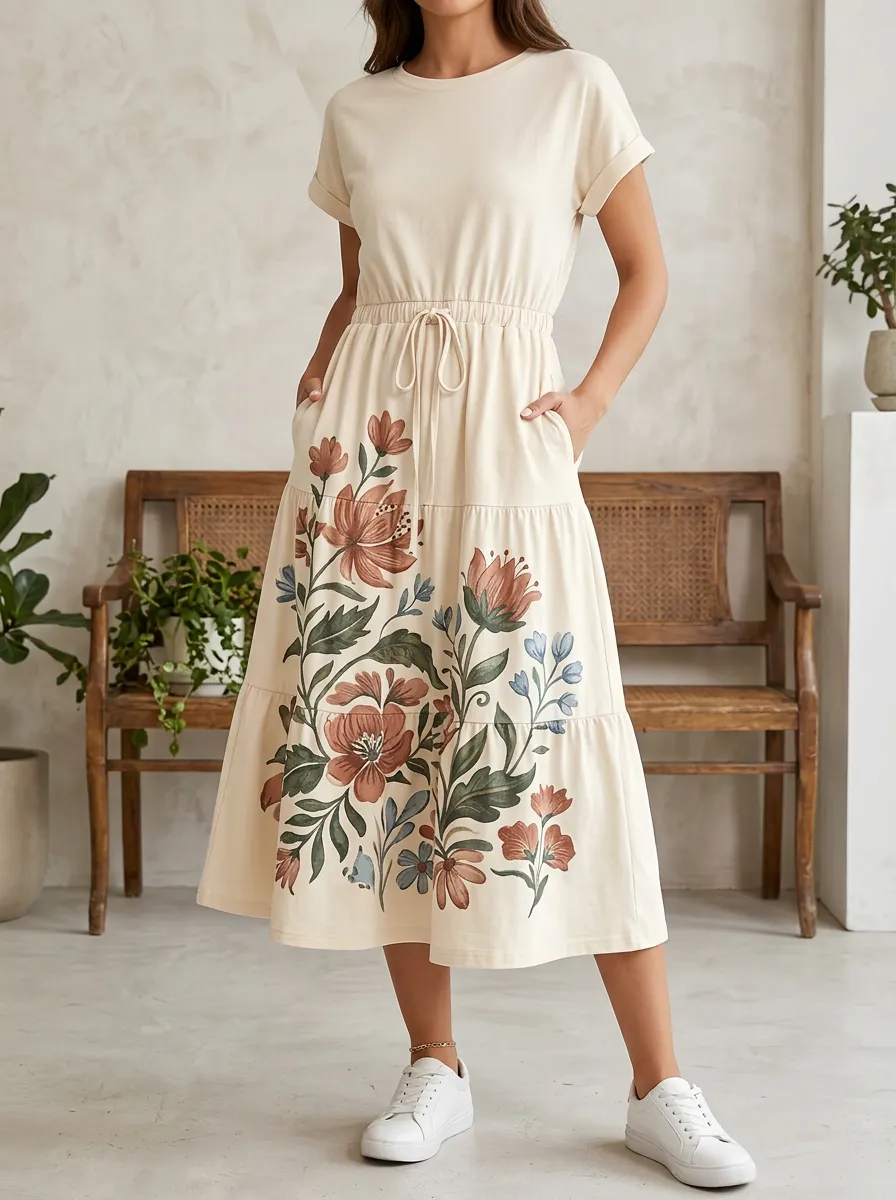 Women's Botanical Floral Art Printed Midi Dress