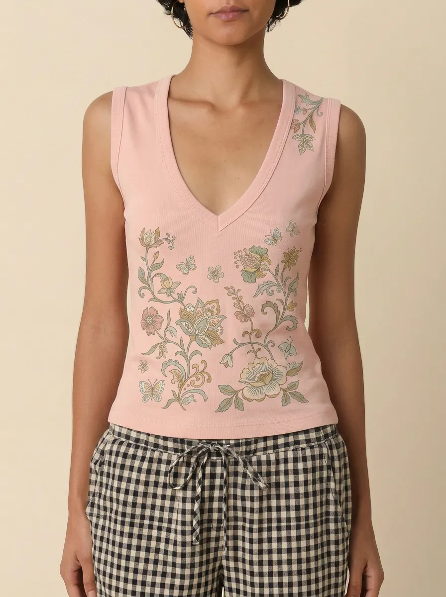 Women's Boho Floral Butterfly Printed V-Neck Tank Top