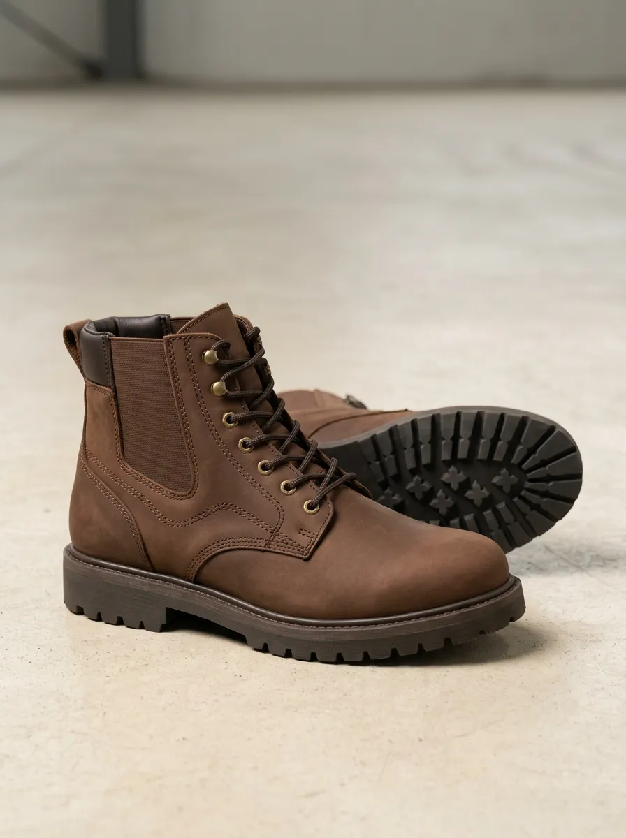Unisex Leather Lace-Up Lug Sole Work Boots