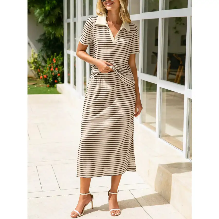 Modern Striped Polo Collar Top And Slit Skirt Two-Piece