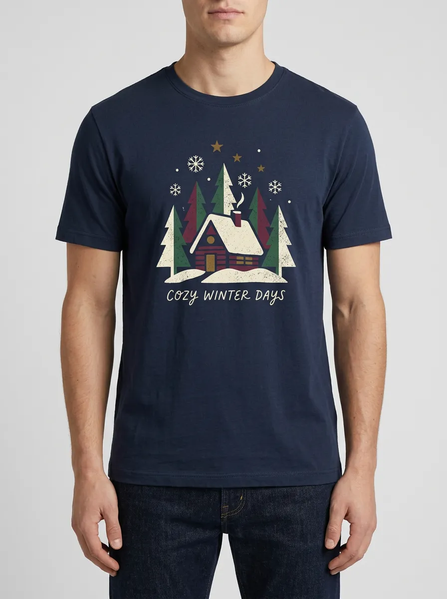 Men's Christmas Cozy Winter Cabin Printed T-Shirt