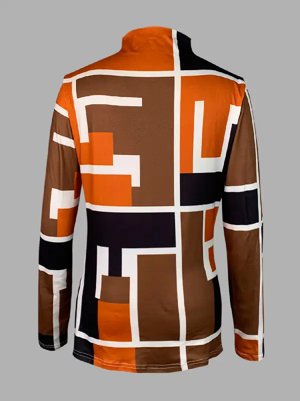 Long Sleeve Slim Fit Geometric Print High Neck T-Shirt