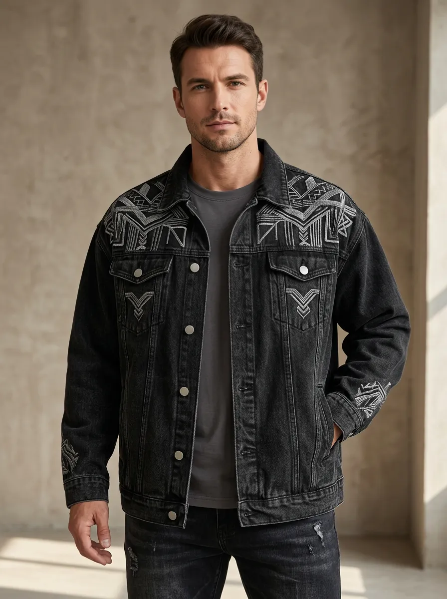 Men's Rugged Look Tribal Geometric Denim Jacket