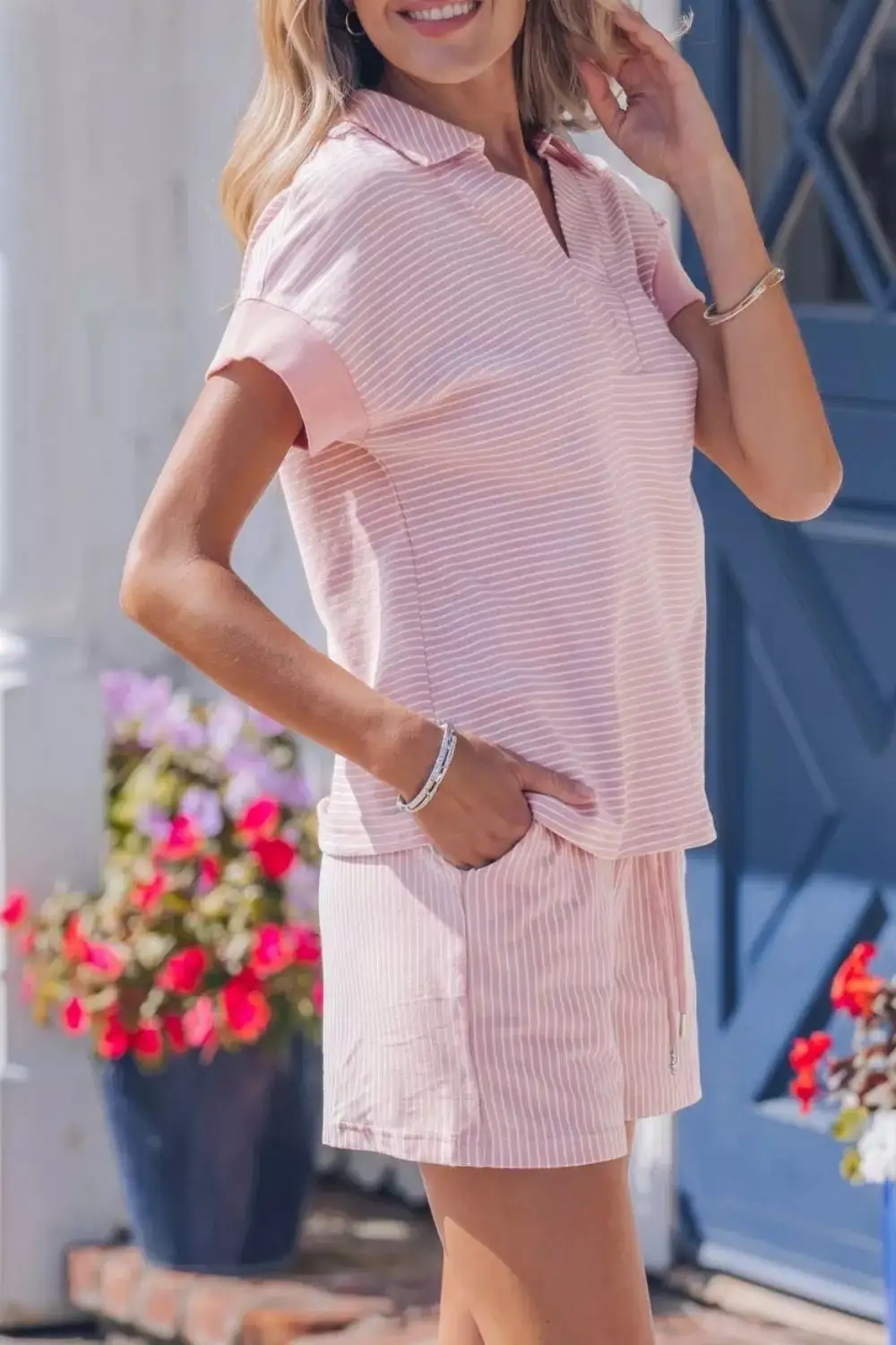 Stripe Dolman Sleeve Polo Shirt Drawstring Shorts Set