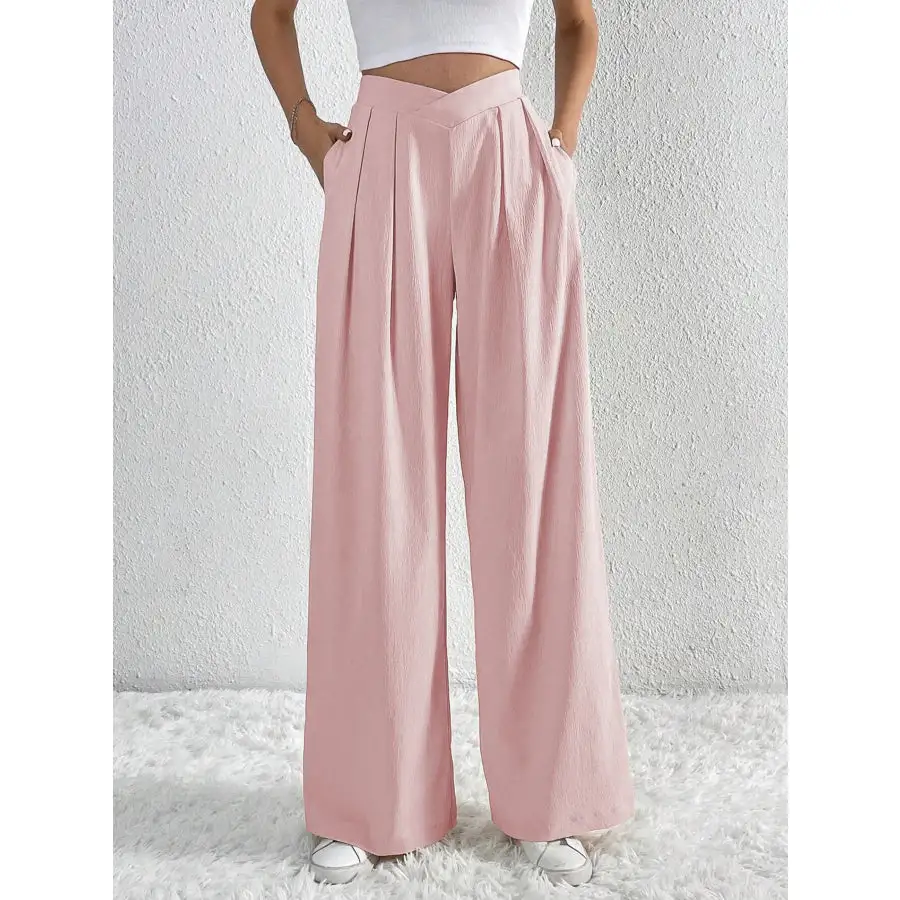 V Waisted Ruched Front Wide Leg Pants