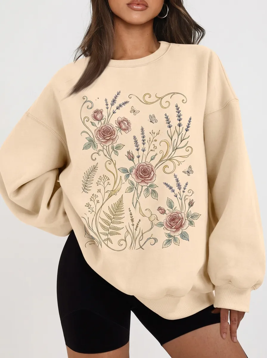 Women's Botanical Floral Butterfly Printed Sweatshirt