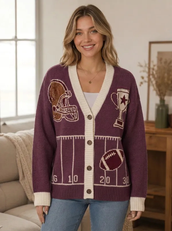 Women's Retro Gridiron Helmet Trophy Field Knit Cardigan