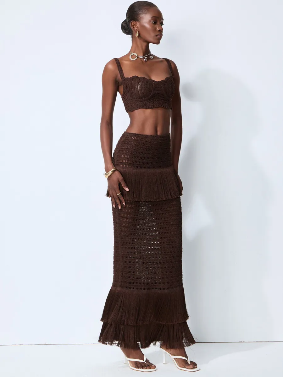 Julia Brown Crochet Knit Top & Fringe Skirt Set