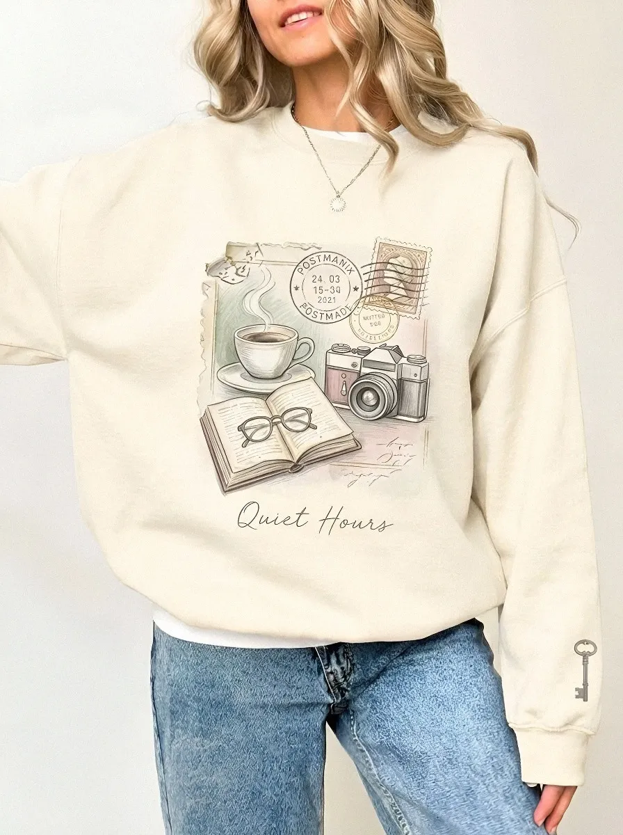 Women's Quiet Hours Coffee Book Camera Stamp Printed Sweatshirt
