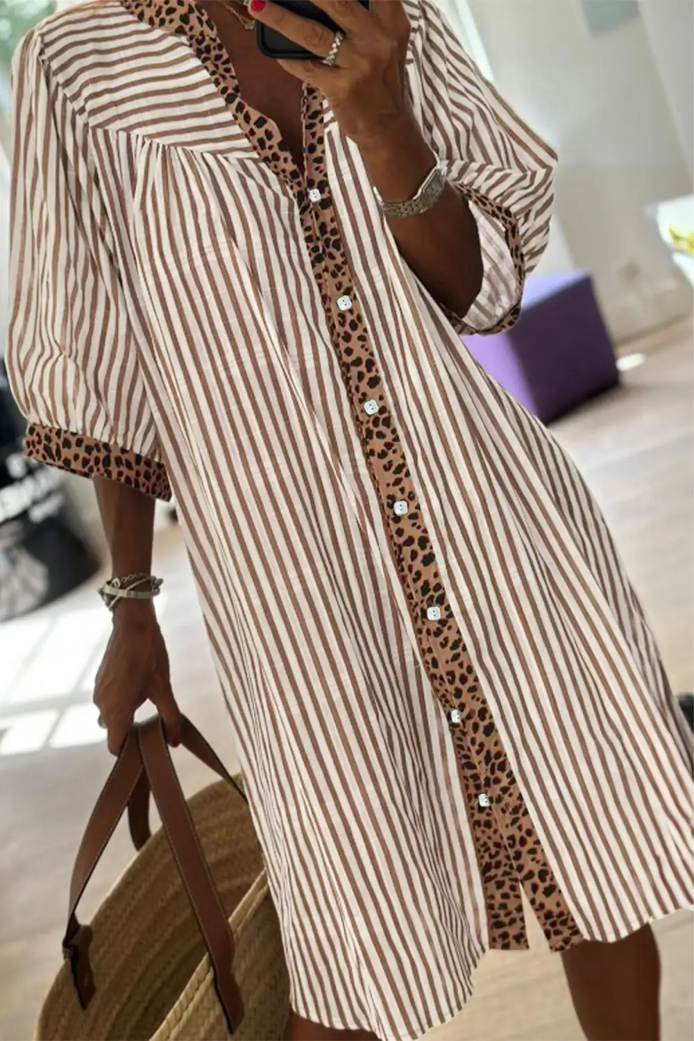 Comfort Focused Striped Animal Print Button Front Mini Dress