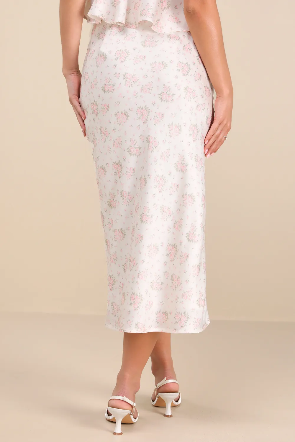Casual Style Ivory Ditsy Floral Satin Slip Midi Skirt