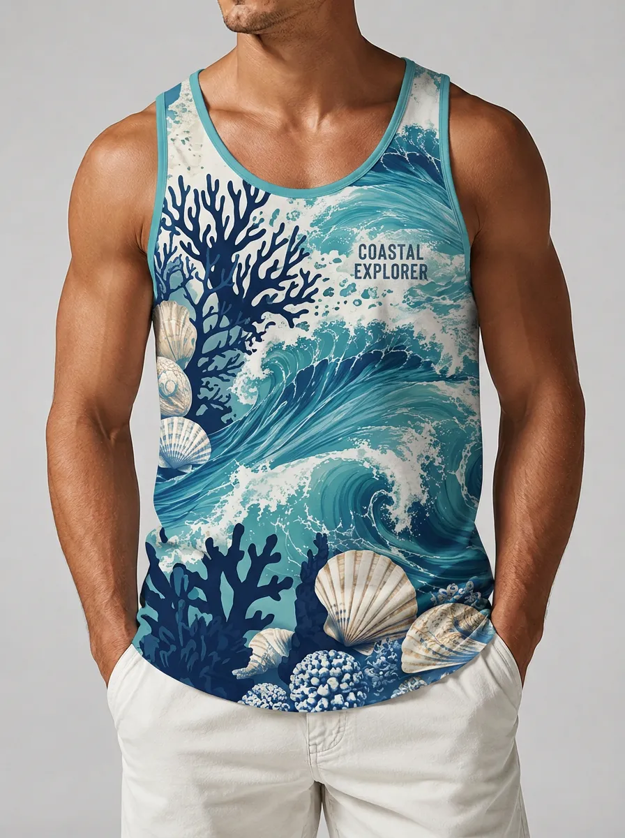 Men's Coastal Explorer Ocean Wave Coral Seashell Printed Tank Top