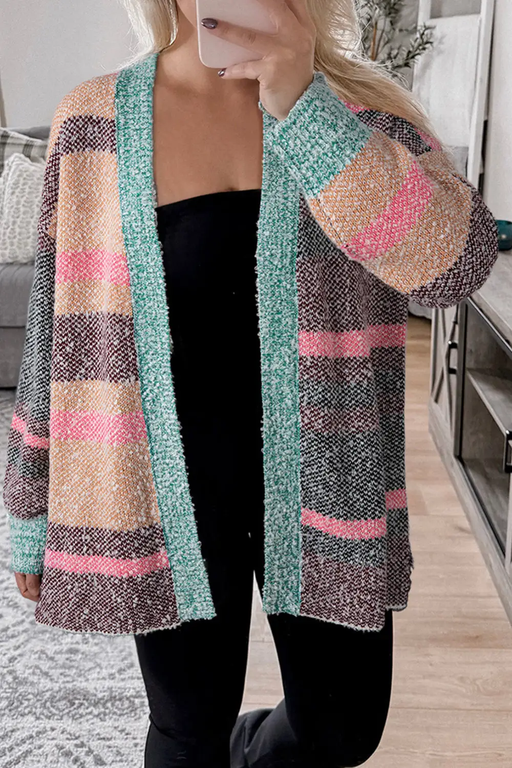 Color Block Striped Side Slit Open Front Cardigan