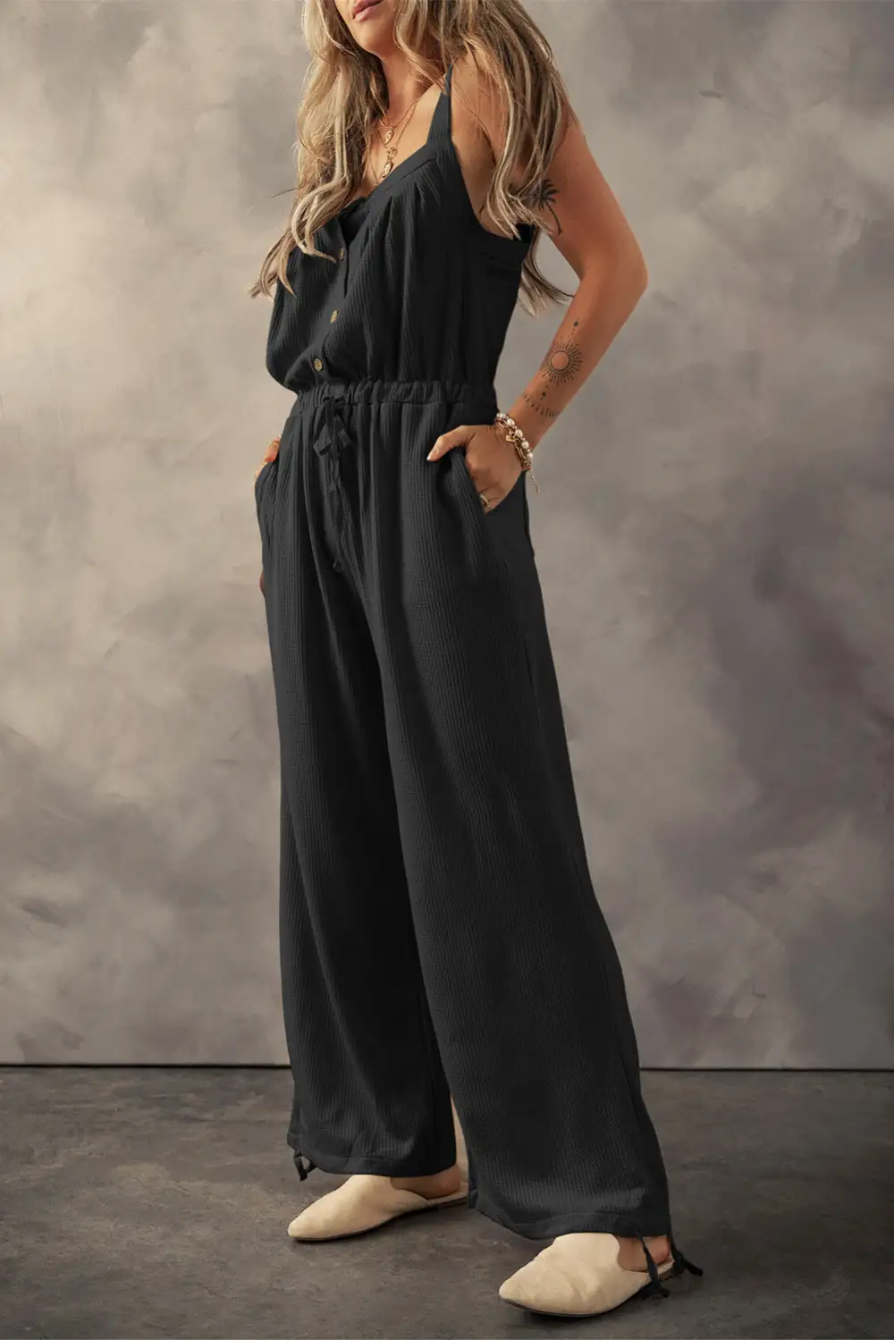 Knotted Straps Button Textured Drawstring Jumpsuit Accessory