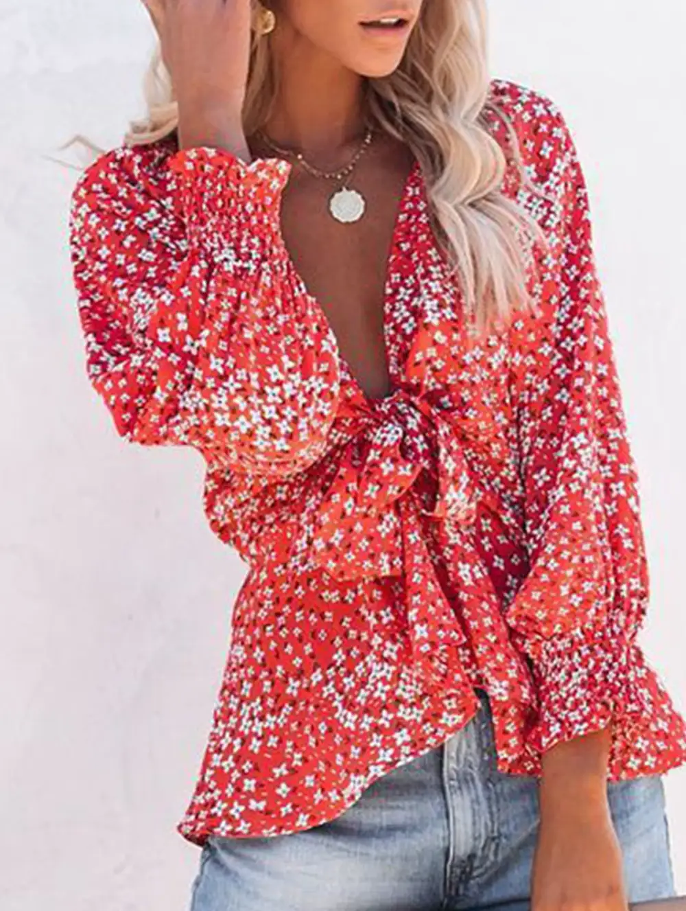 Floral Print V Neck Tie Waist Blouse