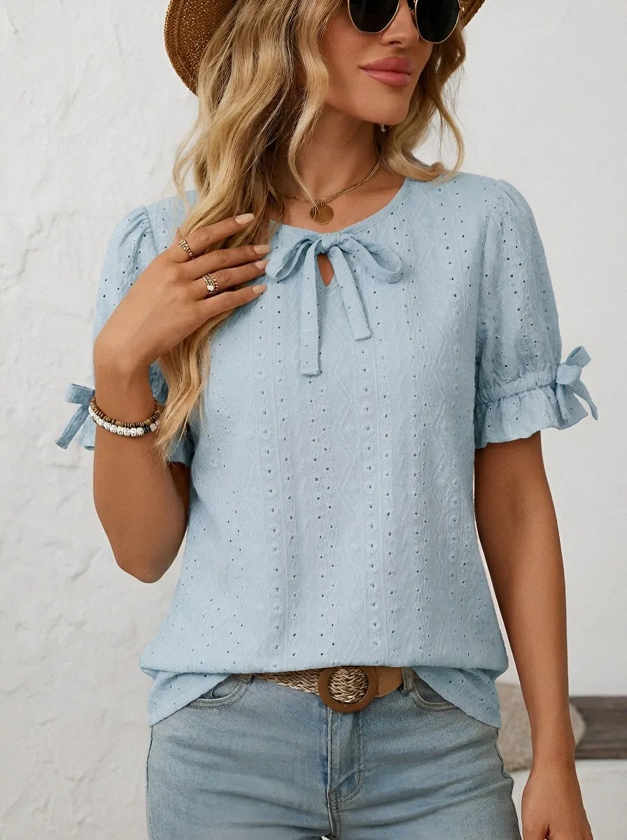 Women's Pink Bow Tie Eyelet Embroidered Short Sleeve Top