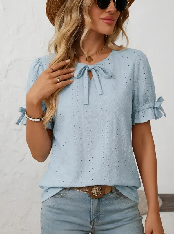 Women's Pink Bow Tie Eyelet Embroidered Short Sleeve Top