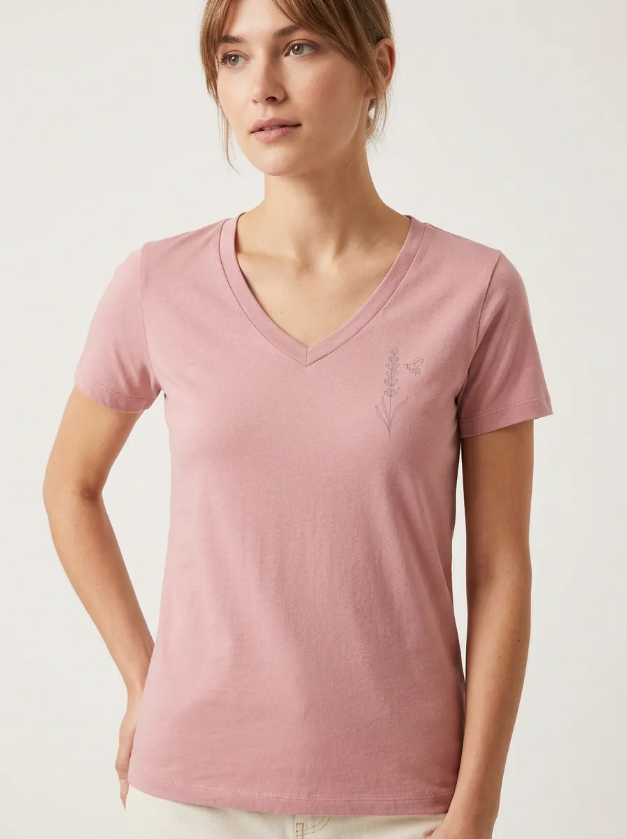 Women's Lavender Bee Nature Lover Minimalist Printed V-neck T-shirt
