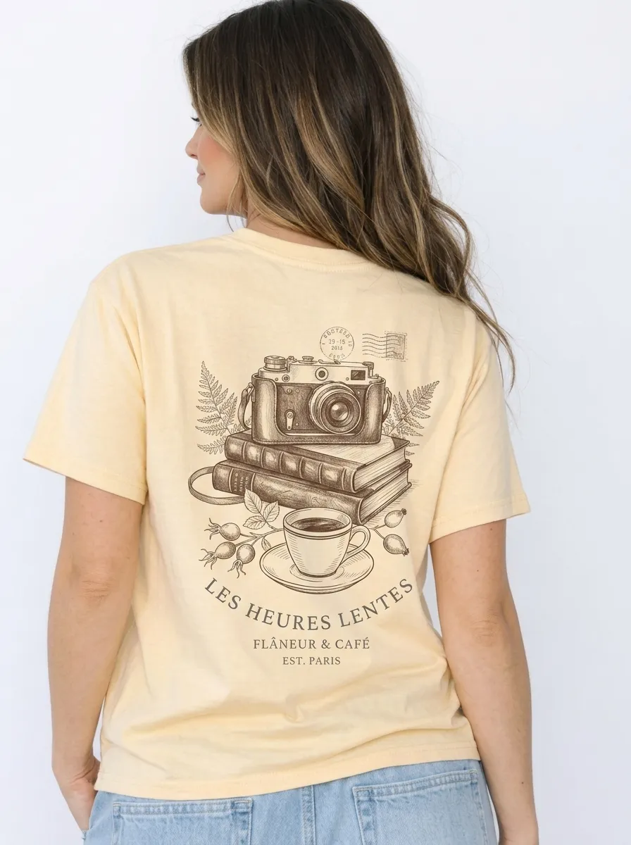 Women's Paris Cafe Camera Books Aesthetic Printed T-shirt