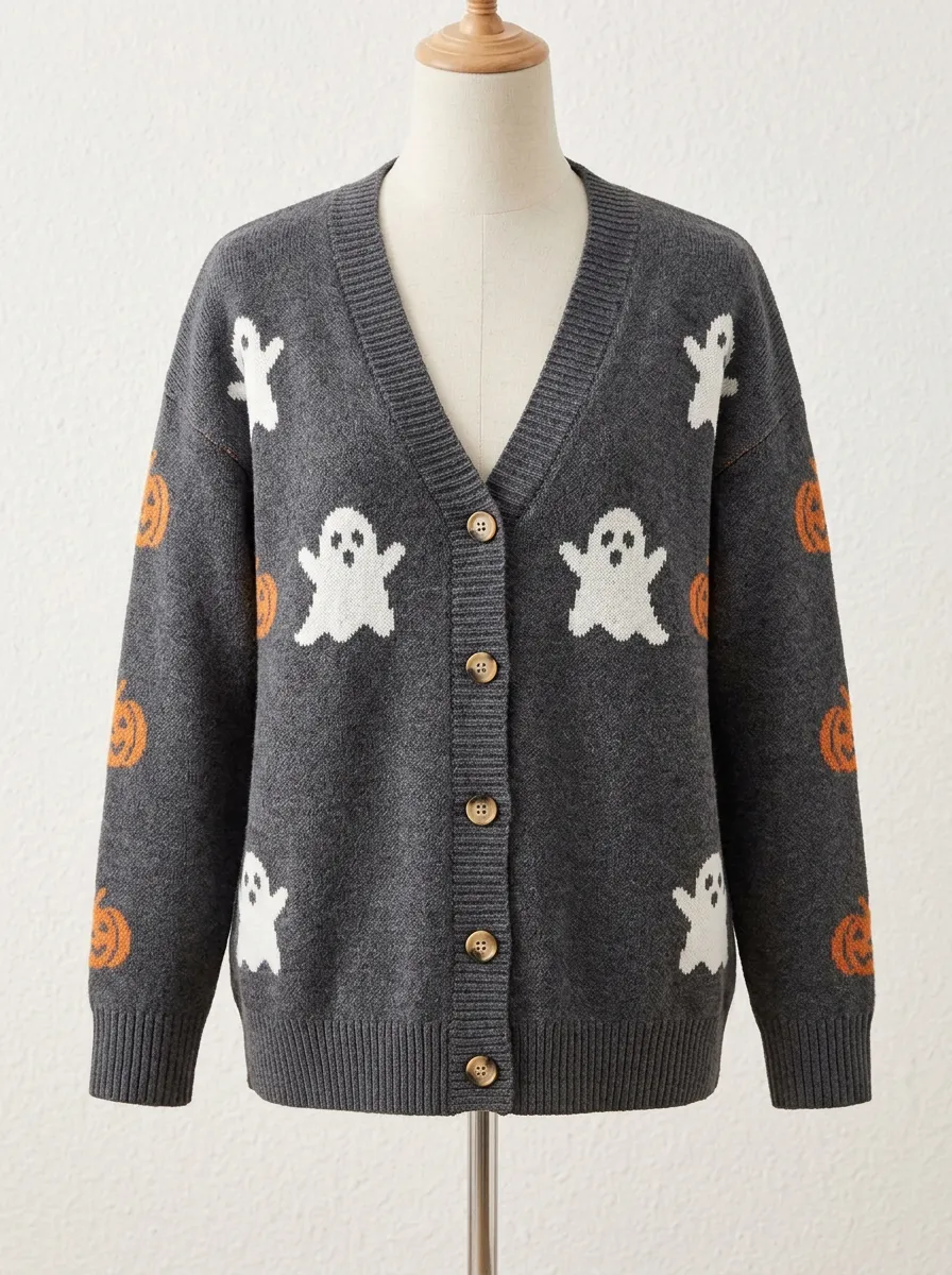Women's Halloween Ghost Pumpkin Pattern Knitted Cardigan