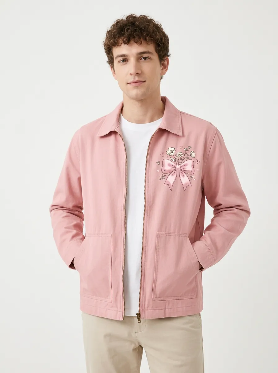 Unisex Bow Ribbon Floral Graphic Zip-Up Jacket