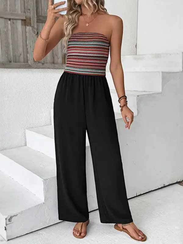 Casual Simple Elastic Stitching Striped Jumpsuit