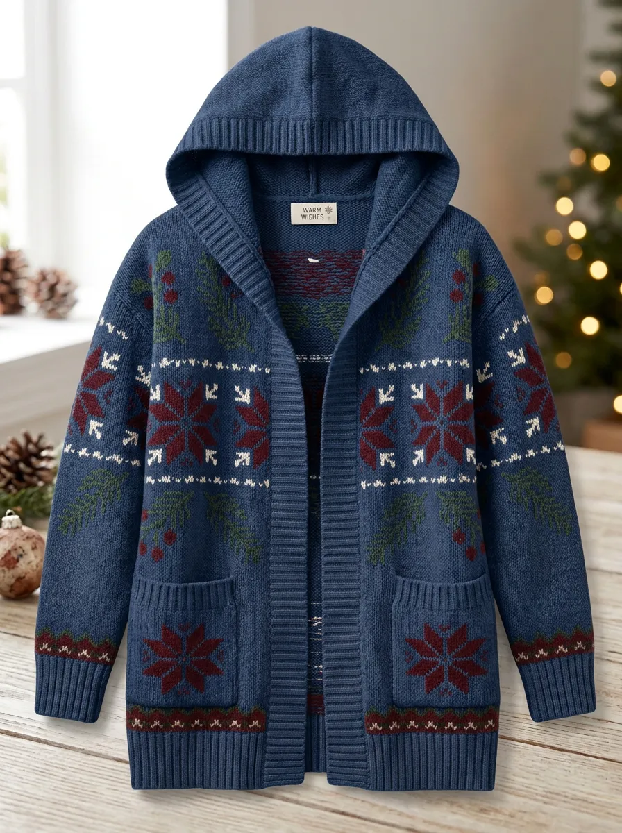 Festive Christmas Snowflake Pine Branch Pattern Knit Hooded Cardigan