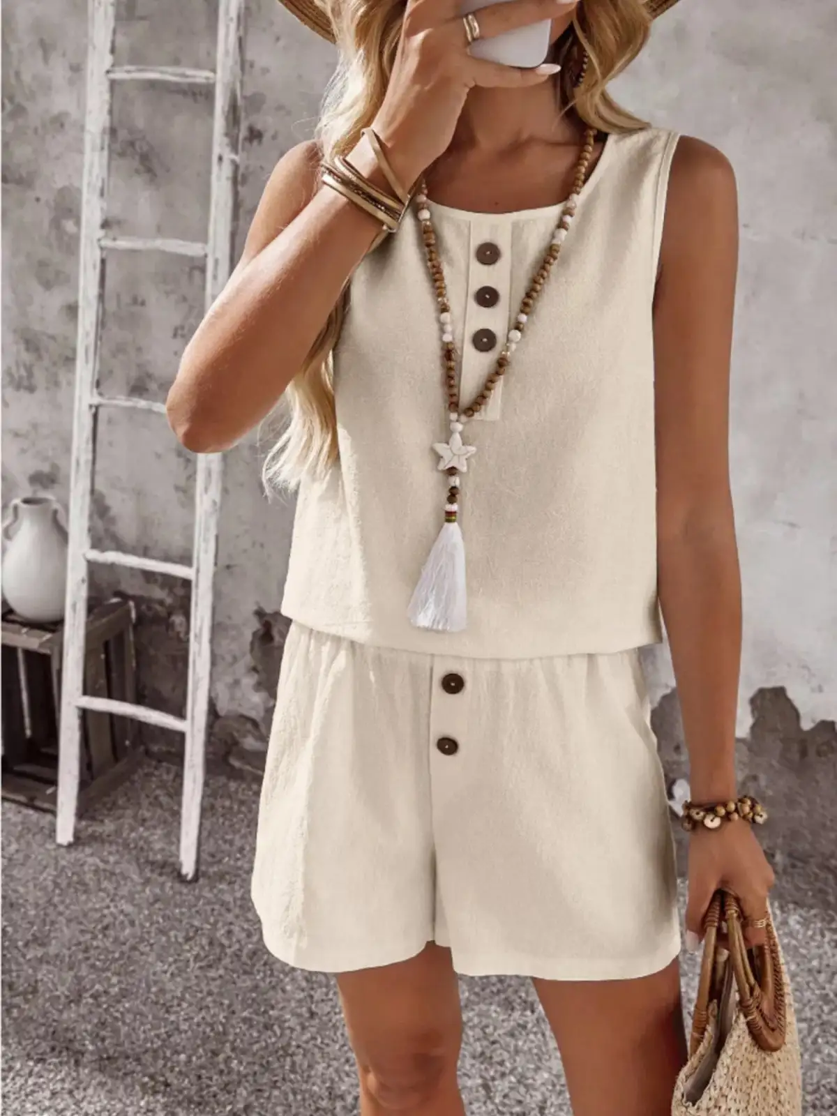 Round-Neck Button-Detail Cotton Shorts Matching Set