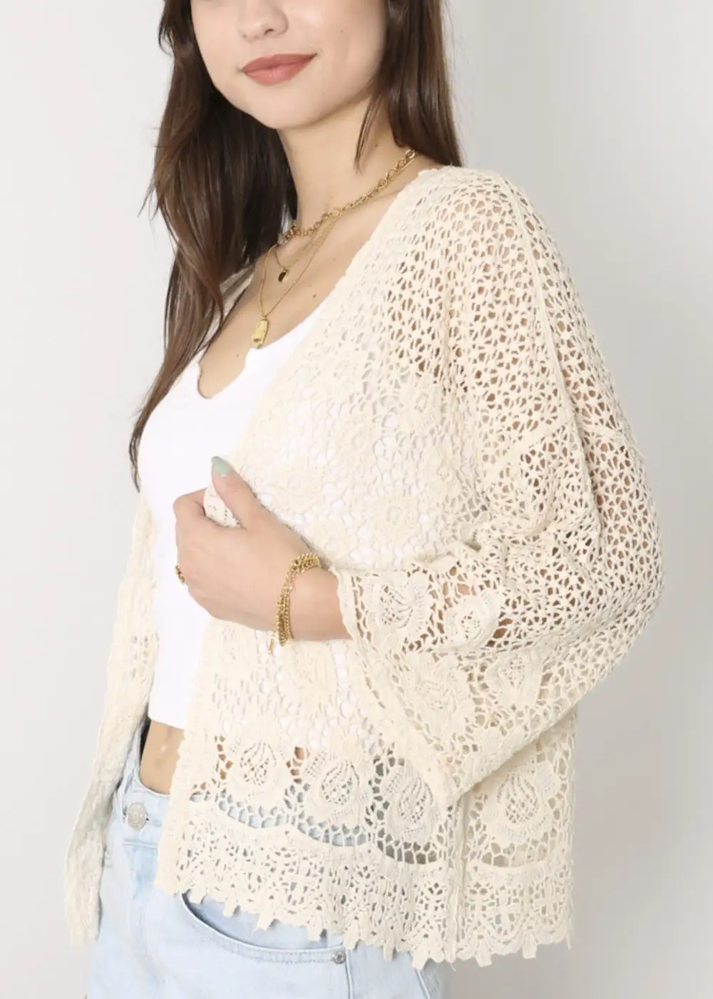 High-Waist Distressed Scalloped Embroidered Cropped Cardigan
