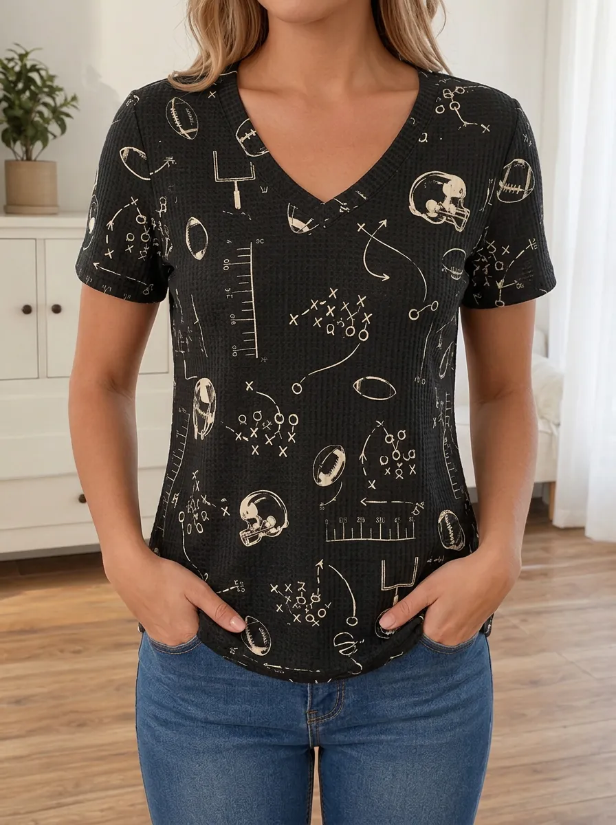 Women's Varsity Football Fan Playbook Pattern Printed Waffle Top