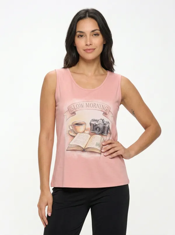 Women's Coffee Camera Book Lover Slow Morning Printed Tank Top