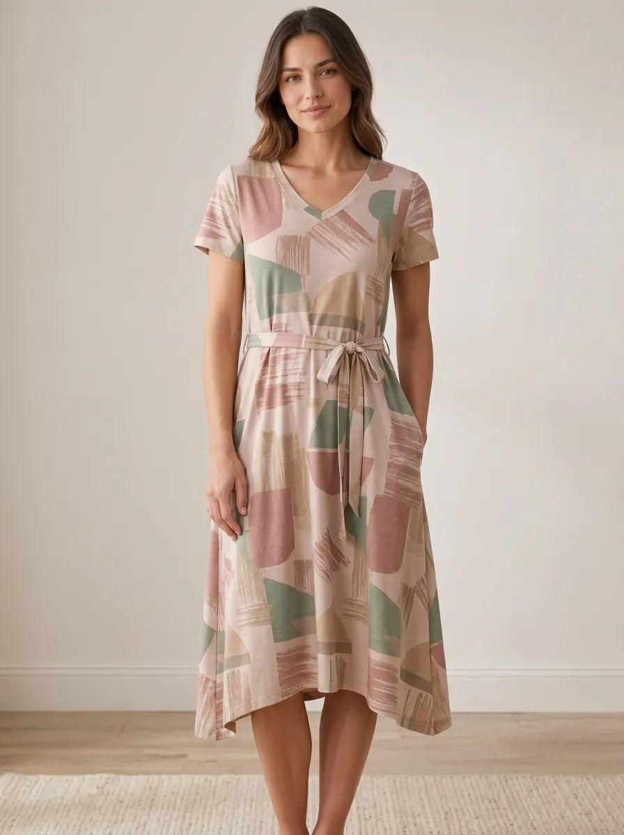 Women's Abstract Geometric Pattern Printed V-neck Midi Dress