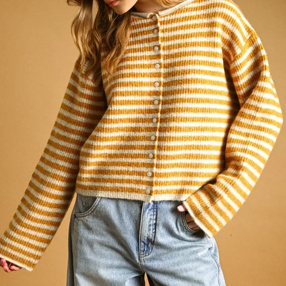 Button Front Relaxed Striped Cardigan