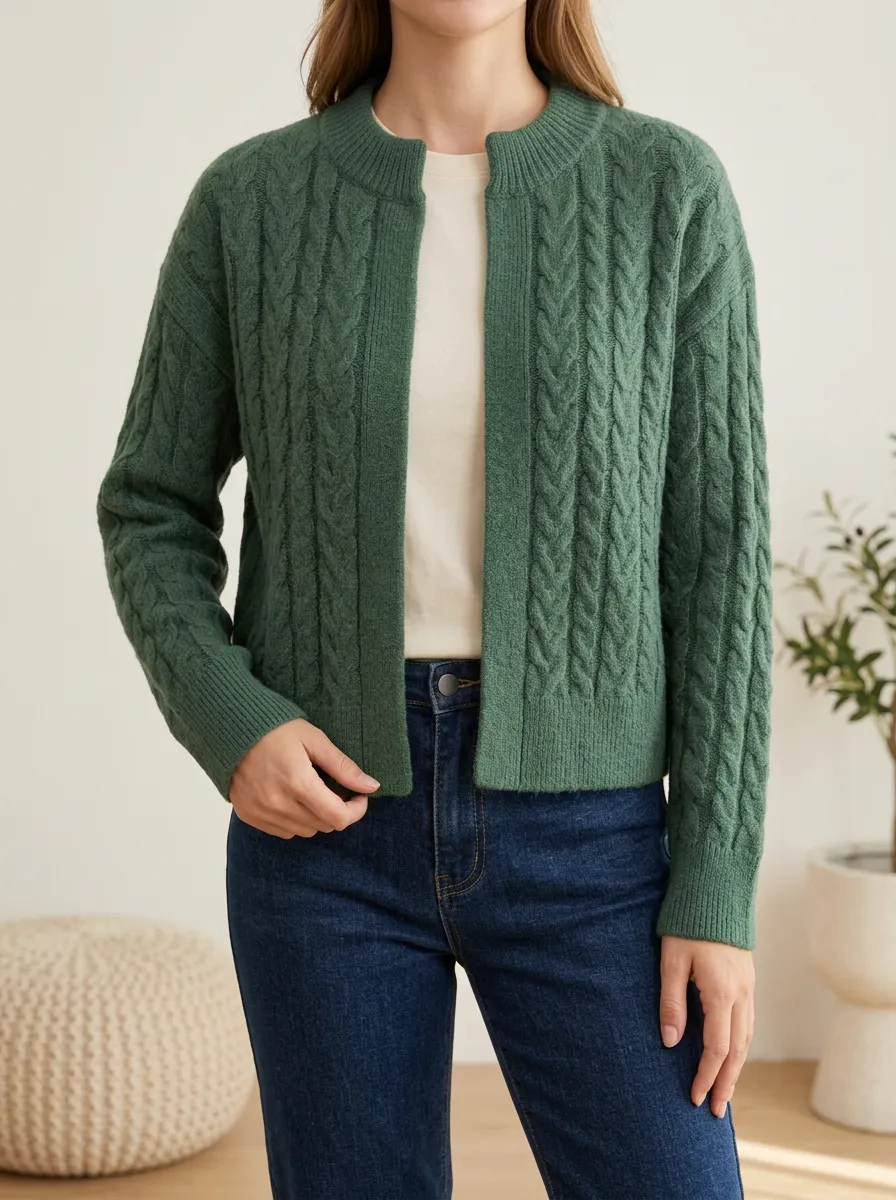 Women's Cable Knit Open Front Crew Neck Cardigan