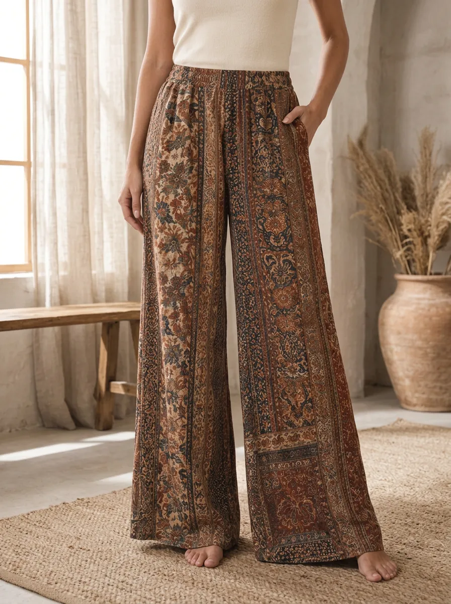 Women's Relaxed Boho Floral Paisley Pattern Printed Wide Leg Pants