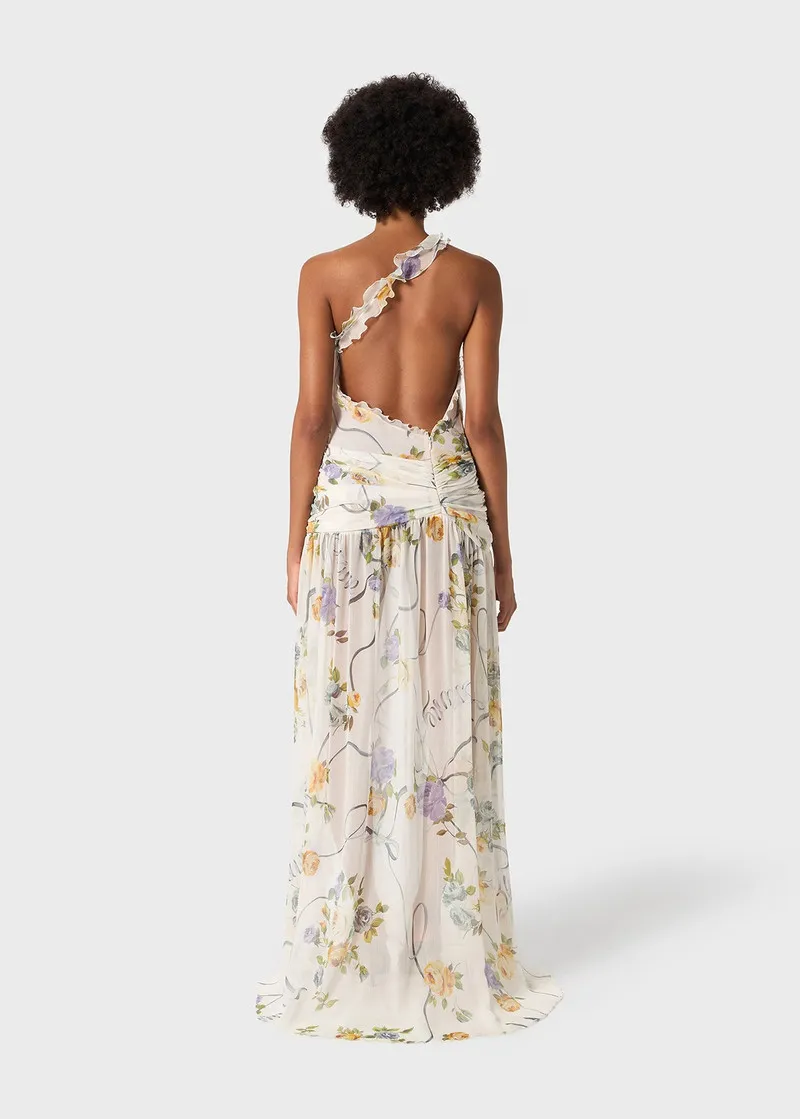 Astrid Printed Split Vacation-Style Maxi Dress In Beige