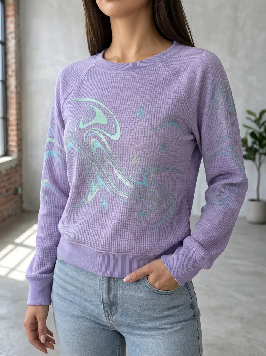 Women's Millennium Aesthetic Swirl Star Waffle Knit Crewneck Sweatshirt