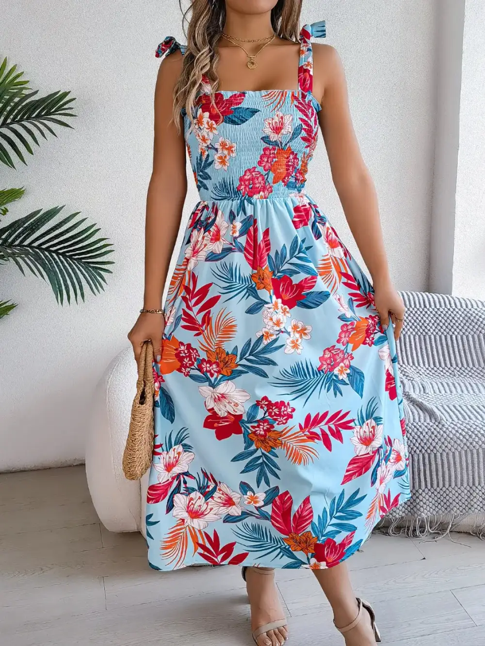Smocked Floral Midi Dress