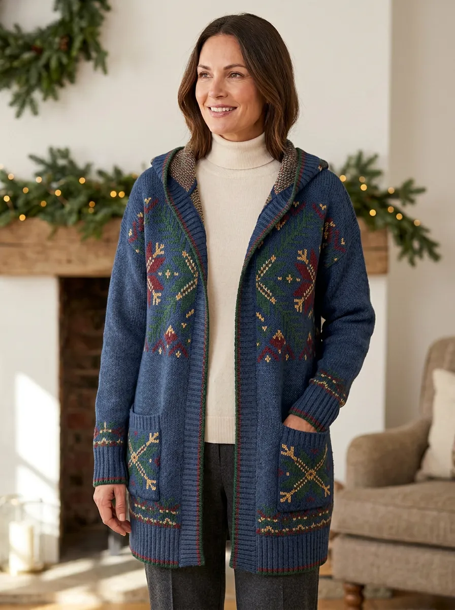 Christmas Snowflake Fair Isle Print Festive Hooded Cardigan