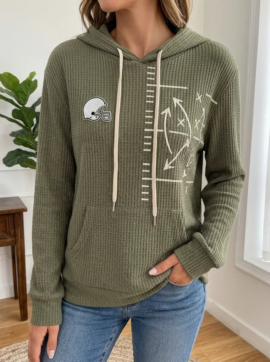 Women's Gridiron Football Fan Helmet Playbook Printed Waffle Hoodie